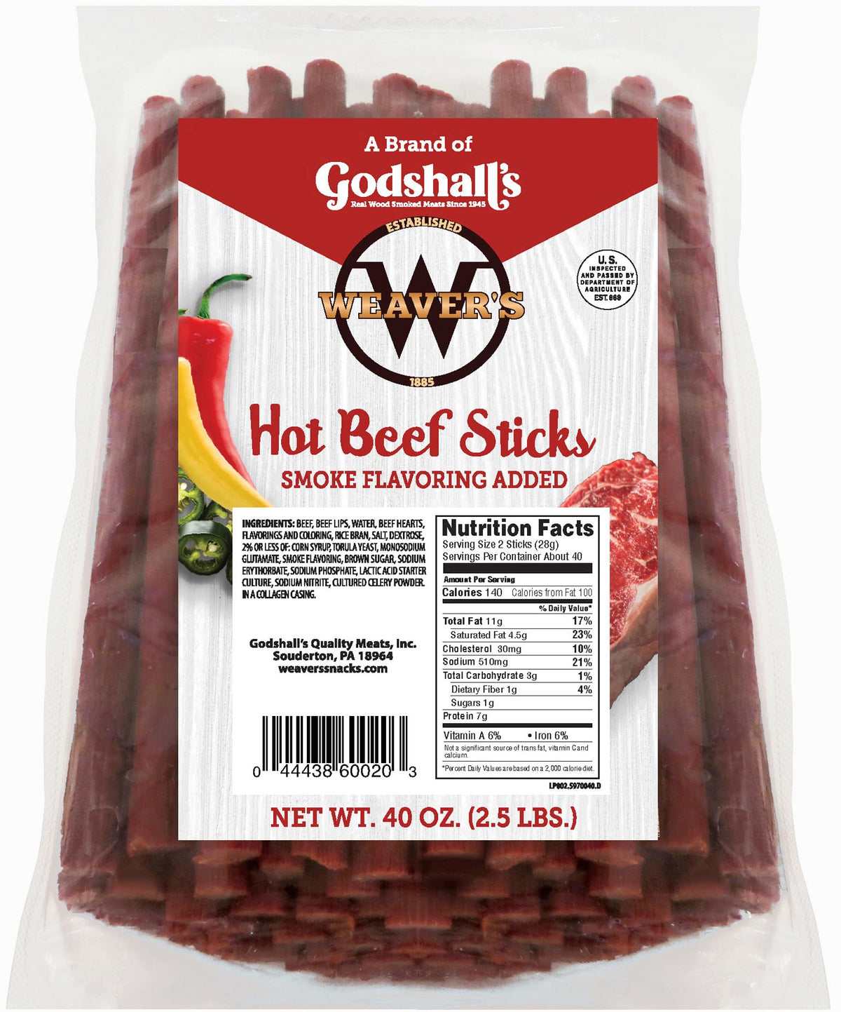 Weaver's Hot Beef Sticks bag front, bold branding, convenient gluten-free snack