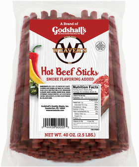 Weaver's Hot Beef Sticks bag front, bold branding, convenient gluten-free snack