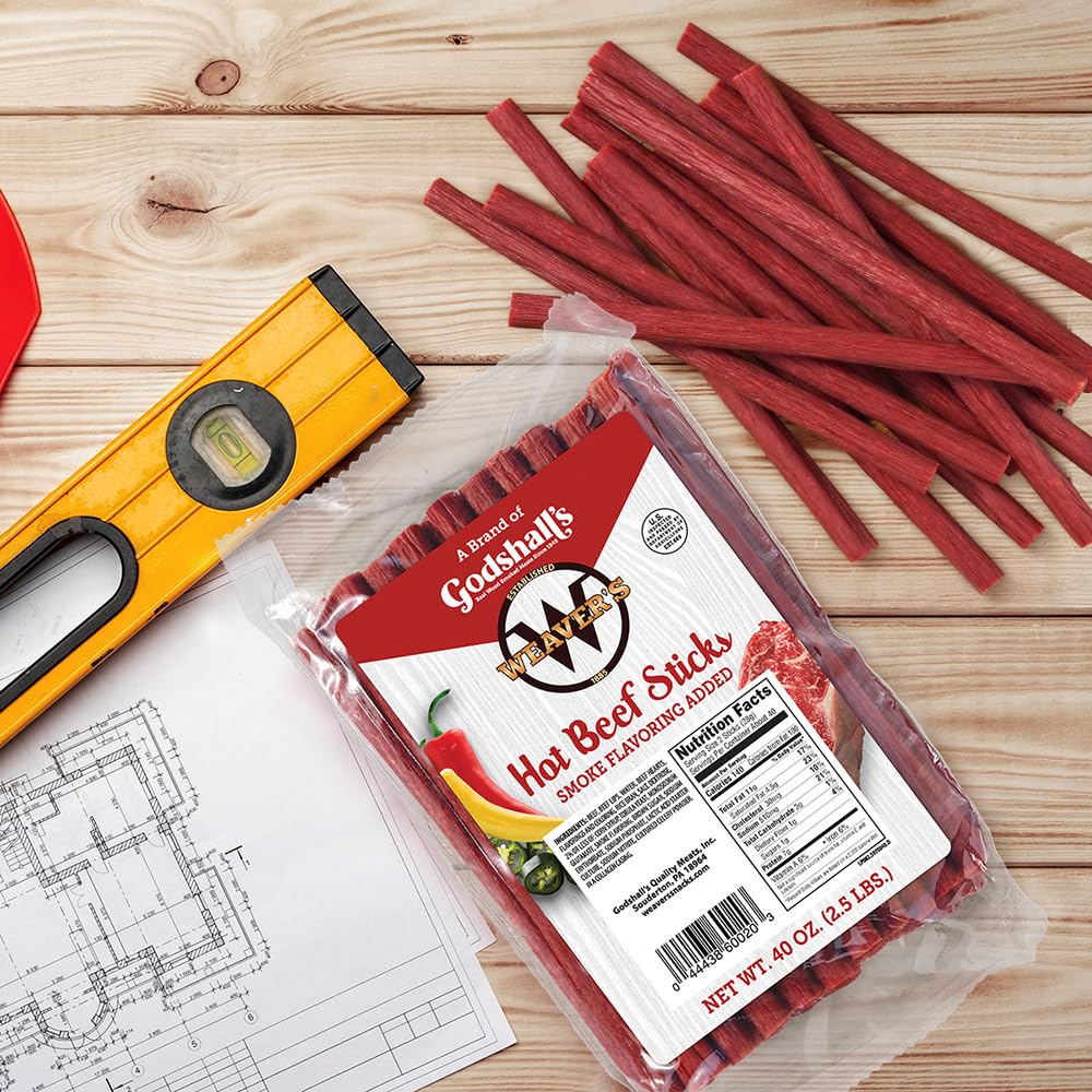 Weaver's Hot Beef Sticks smokehouse scene with real wood smoke