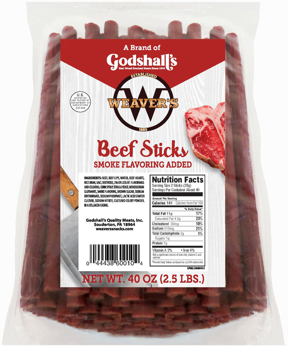 WEAVER'S Beef Sticks Original Mild 7-inch bag front, protein-rich snack for on-the-go