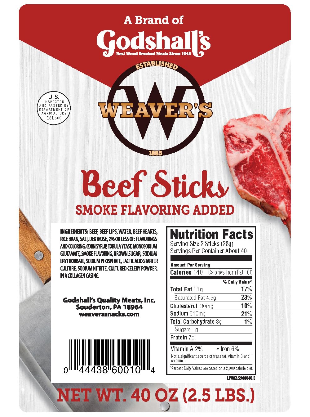 Weaver's Original Mild beef sticks pack close-up showing beefy texture