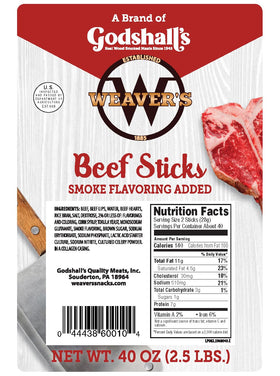Weaver's Original Mild beef sticks pack close-up showing beefy texture