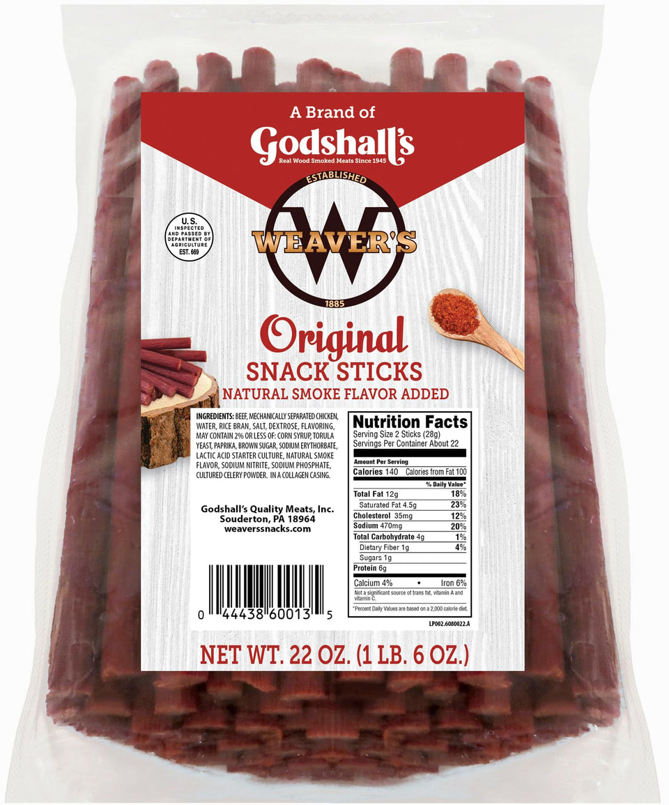 Weaver's Original Snack Sticks bag front showing premium meat snack