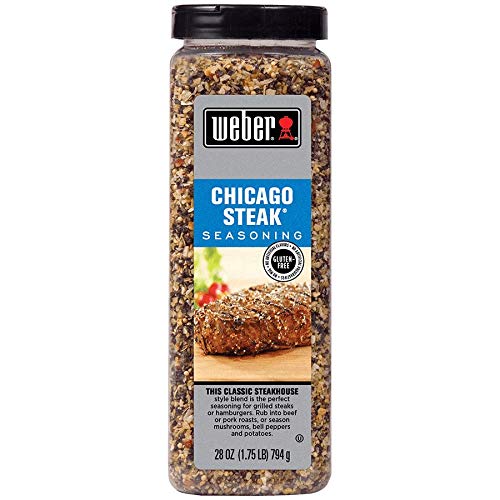 Weber Chicago Steak Seasoning bottle pour enhances beef and grilled vegetables