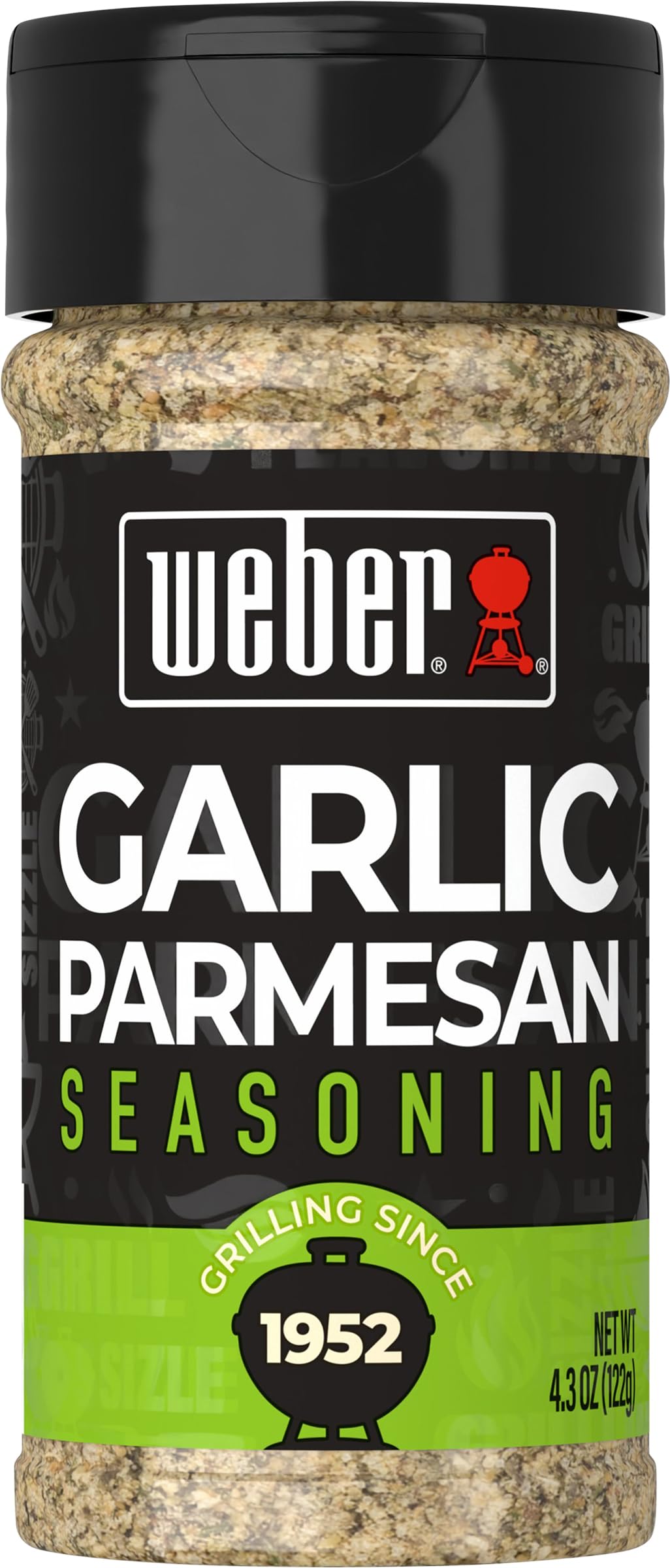 Weber Garlic Parmesan Seasoning bottle front, enhancing grilled vegetables with rich garlic parmesan aroma.