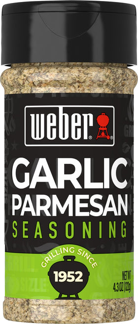 Weber Garlic Parmesan Seasoning bottle front, enhancing grilled vegetables with rich garlic parmesan aroma.