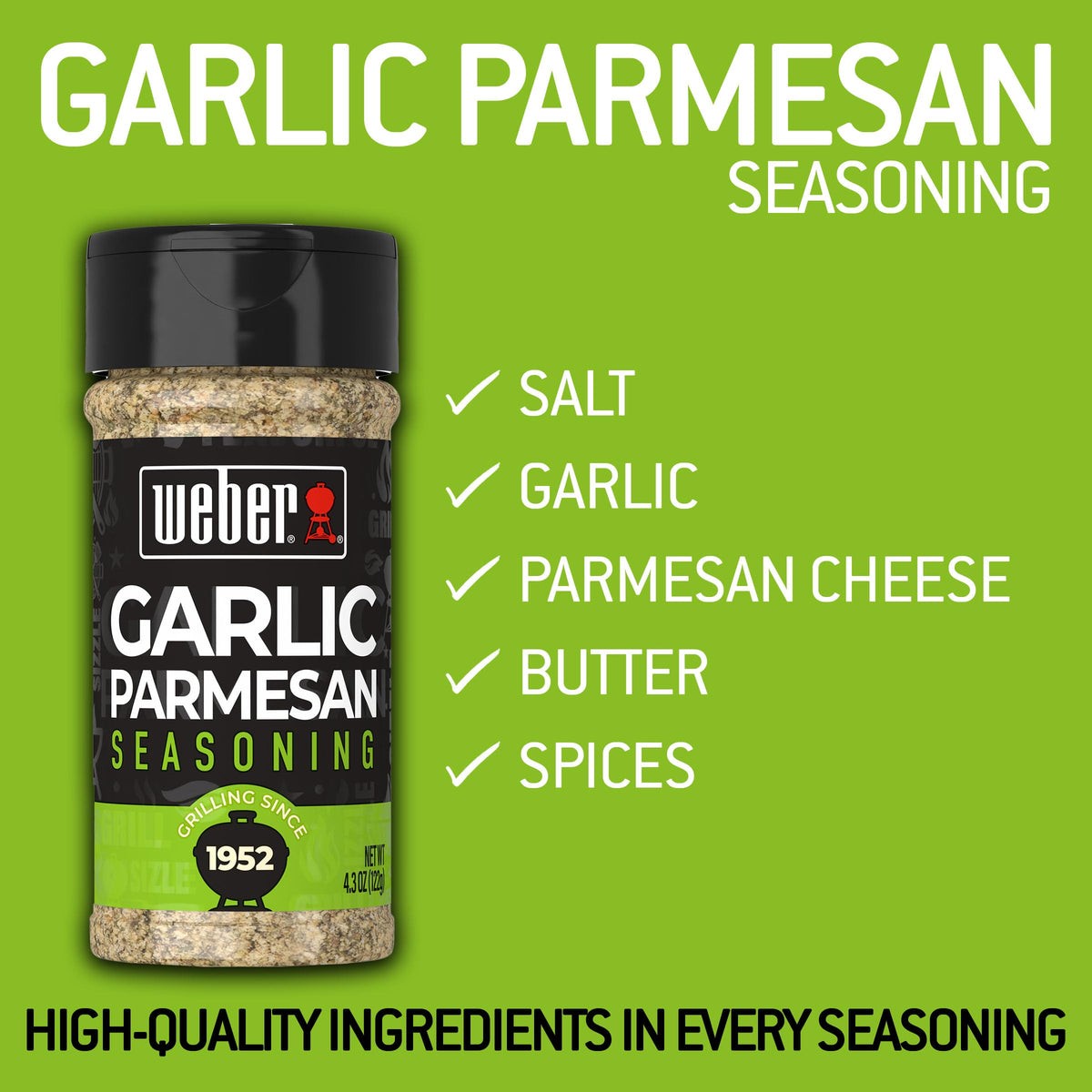 Weber Garlic Parmesan Seasoning shaker closeup shows parmesan flecks.
