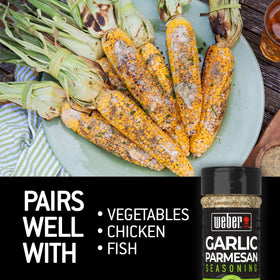 Weber Garlic Parmesan Seasoning with vegetables dish plated; savory aroma ready.