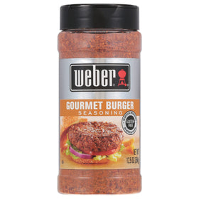 Weber Gourmet Burger Seasoning bottle label boosts burger flavor.