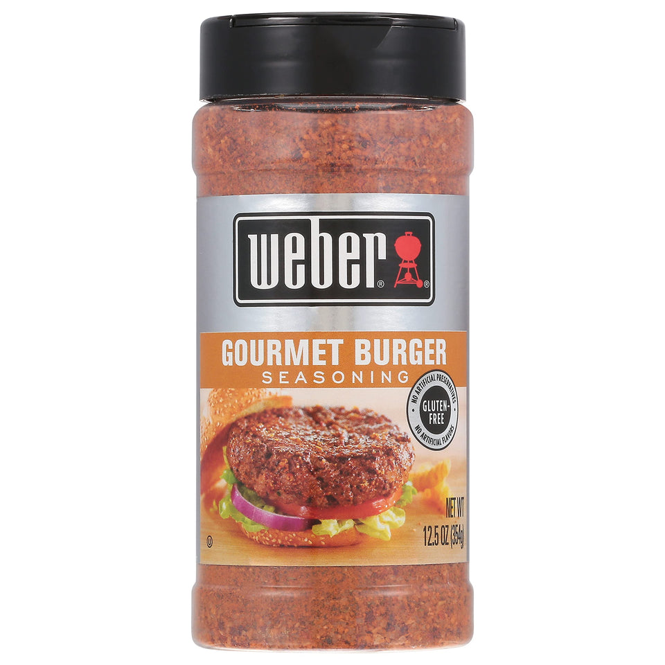 Weber Gourmet Burger Seasoning bottle label boosts burger flavor.