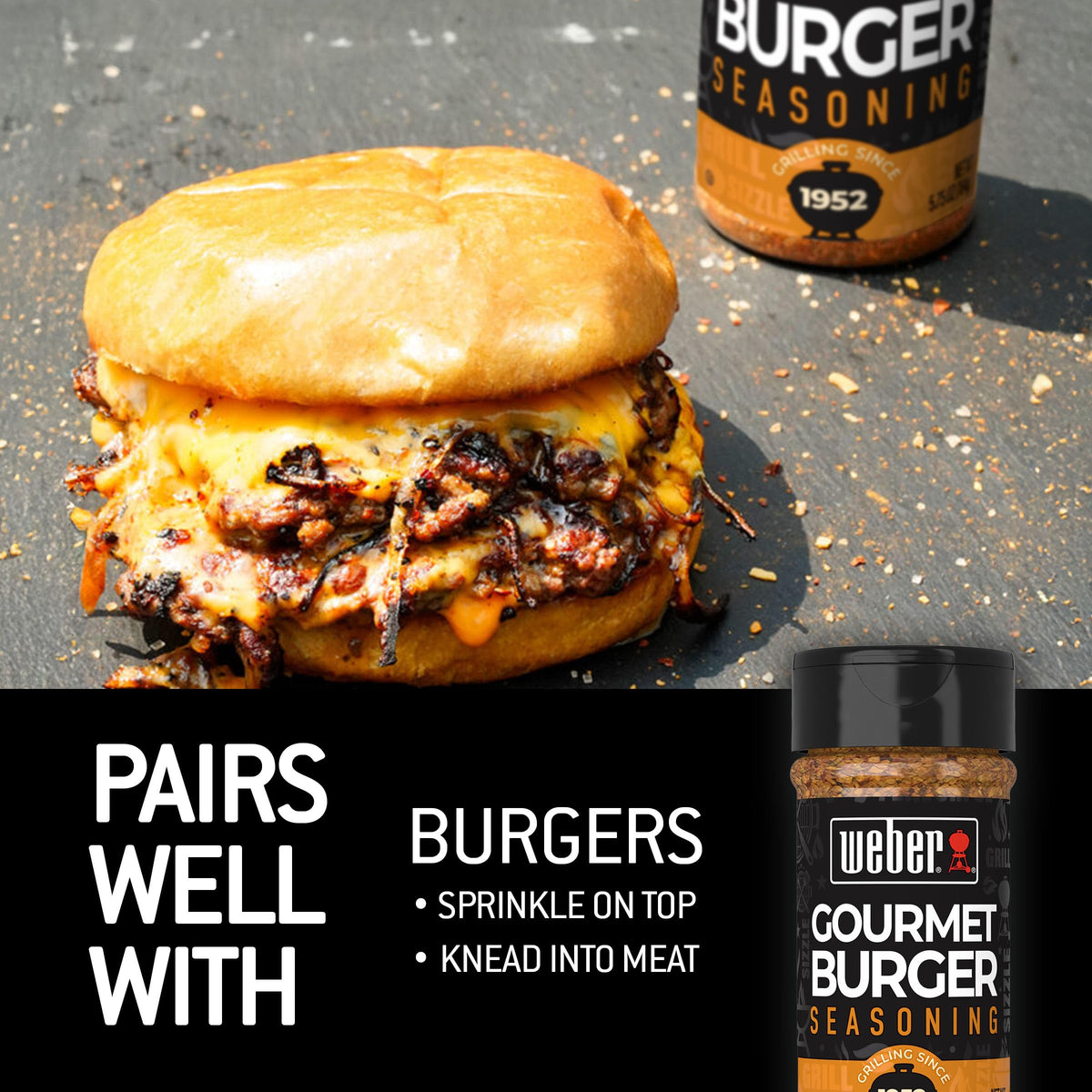 Weber Gourmet Burger Seasoning on grilled burgers enhances savory crust