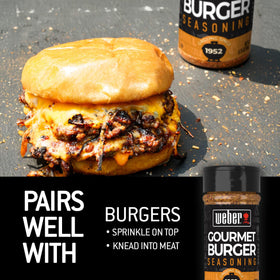 Weber Gourmet Burger Seasoning on grilled burgers enhances savory crust