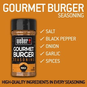 Weber Gourmet Burger Seasoning dust on patties adds aromatic depth