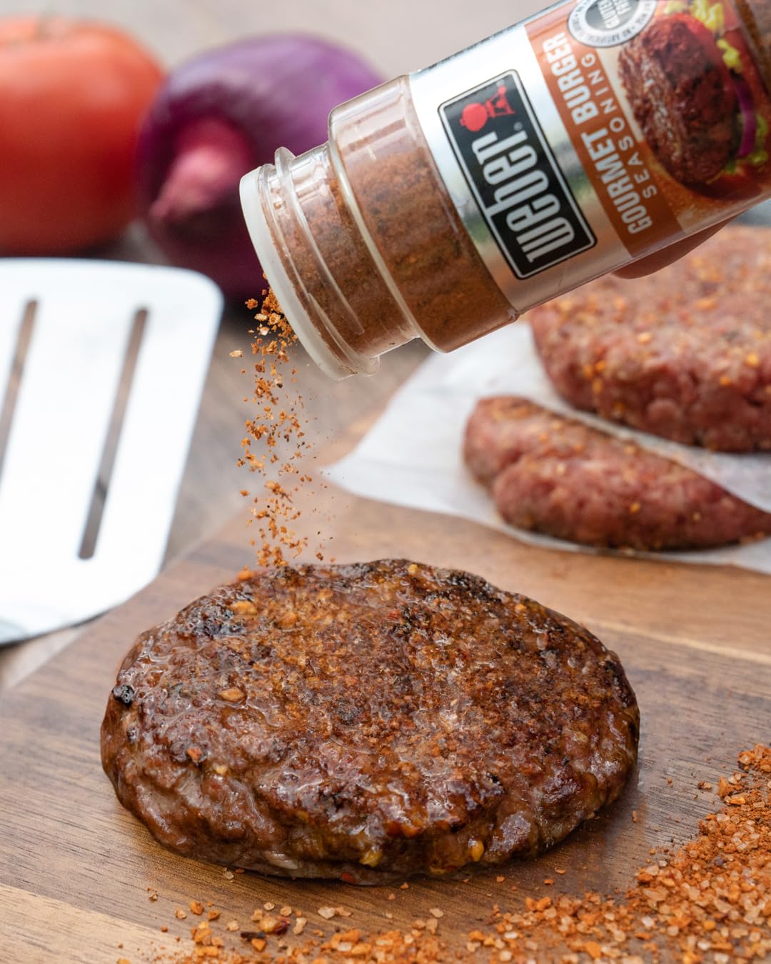 Weber Gourmet Burger Seasoning adds garlic, onion, and chili notes.