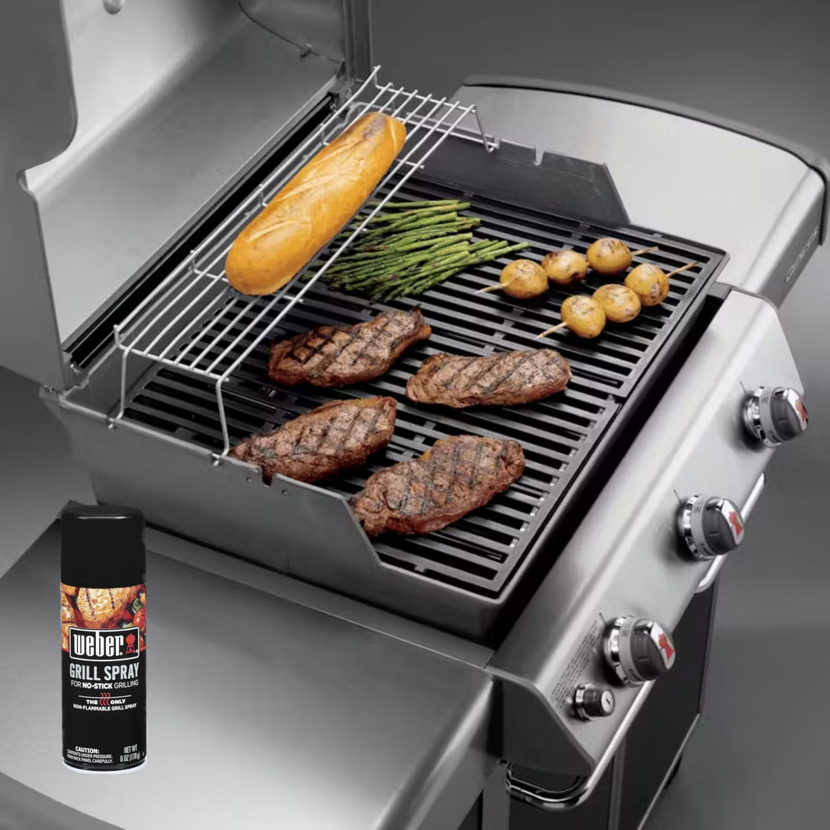 Weber Grill'N Spray on a preheated grill during cooking.