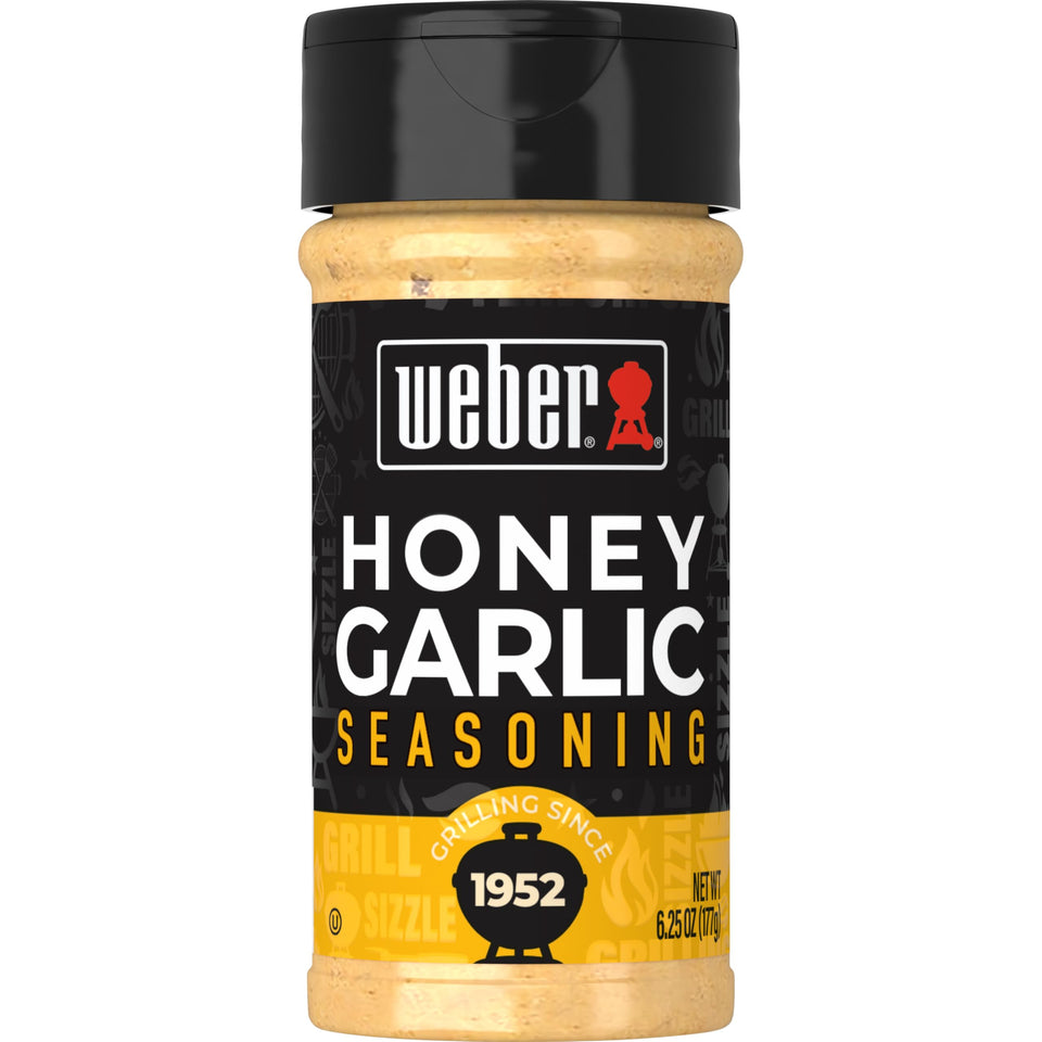 Weber Honey Garlic Rub packaging closeup, gluten-free seasoning ready for grilling