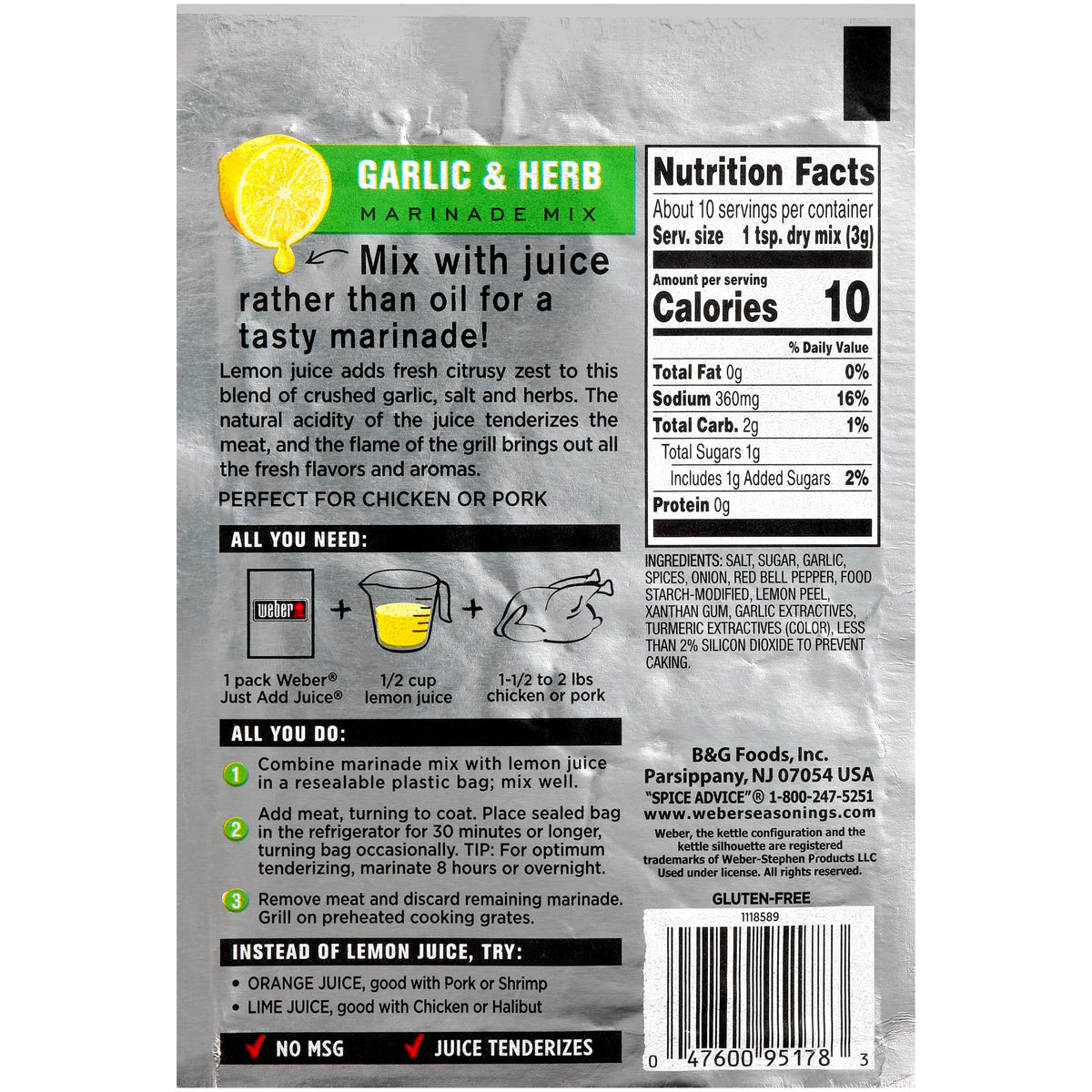 Weber Just Add Water Garlic and Herb Marinade label close-up highlights herbs and garlic