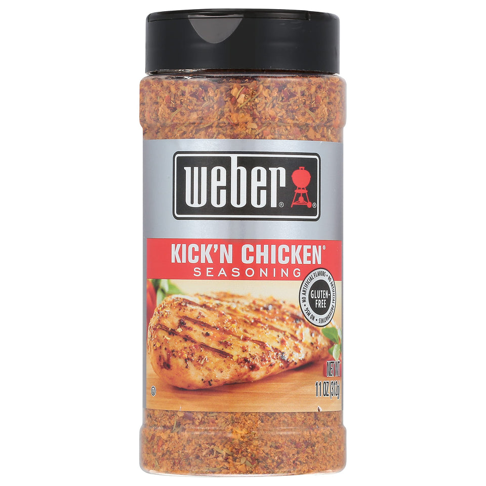 Weber Kick'N Chicken Seasoning 11oz pack enhances grill-ready flavor.