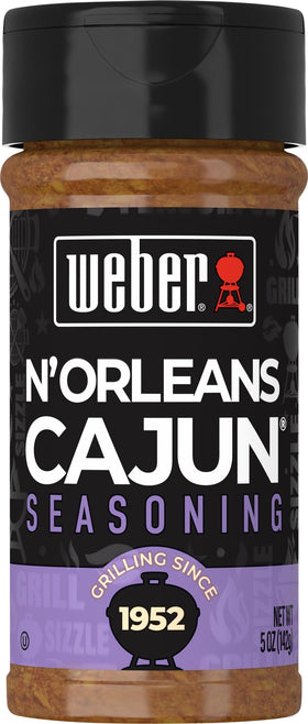 Weber N'Orleans Cajun seasoning jar close-up boosts flavor with bold peppers.