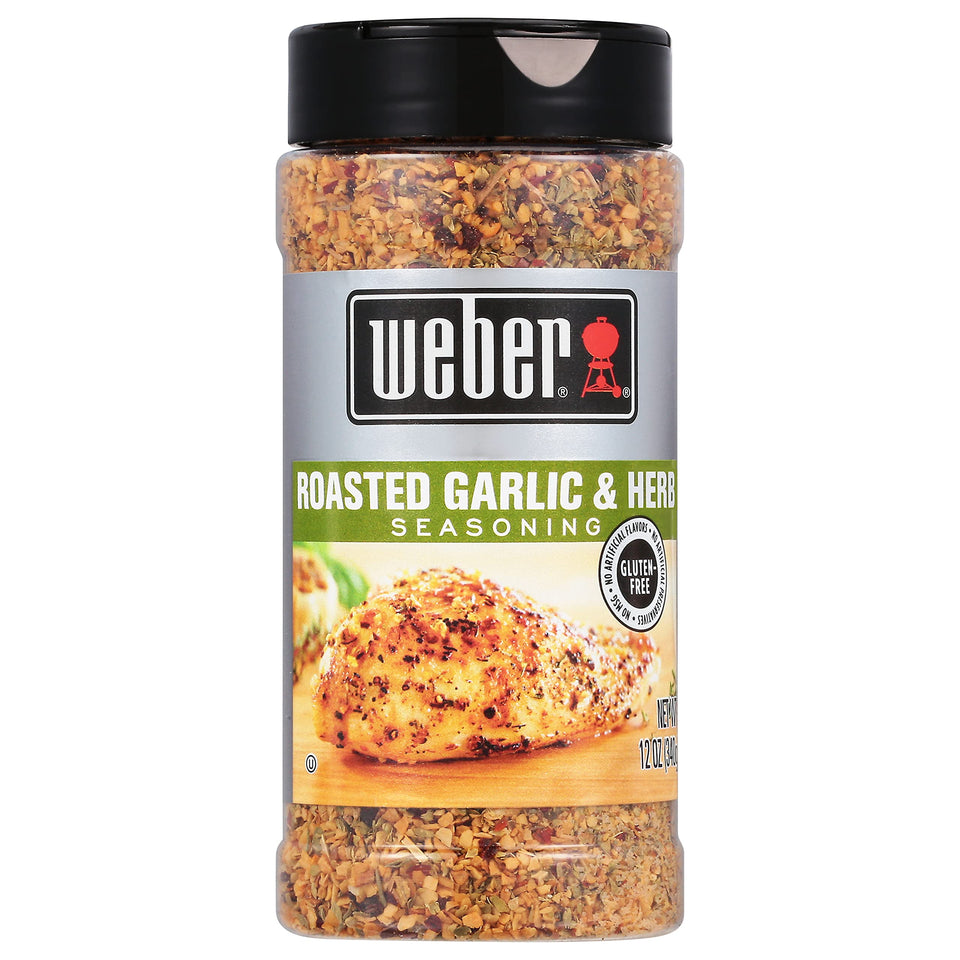 Weber Roasted Garlic & Herb Seasoning bottle boosts savory flavor on grilled meals