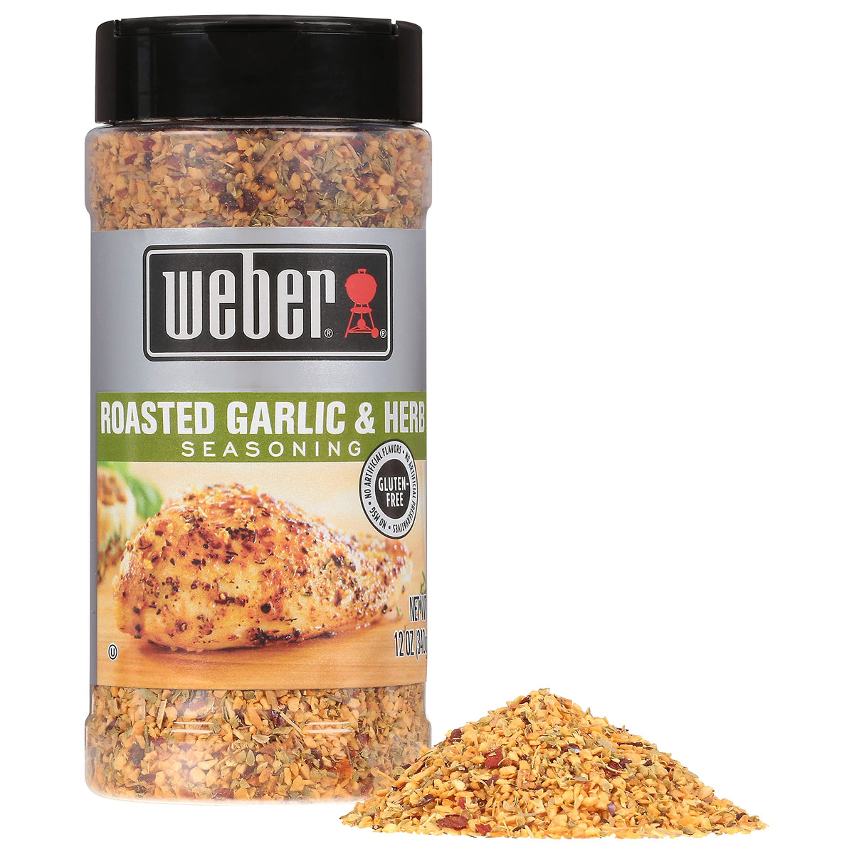 Weber Roasted Garlic & Herb Seasoning pour-spout enables even seasoning