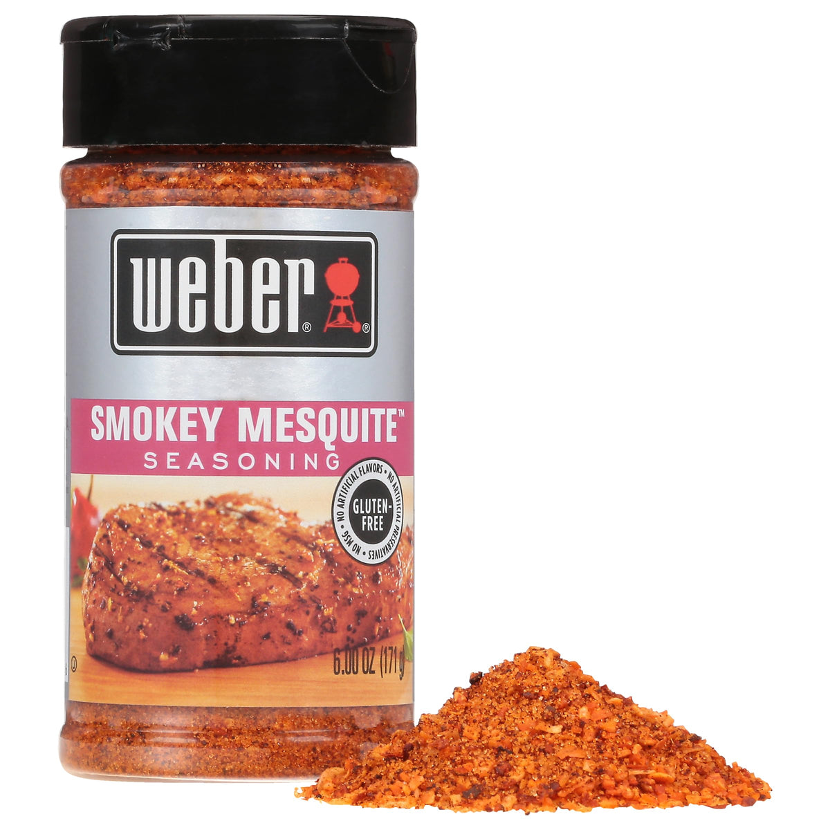 Weber Smokey Mesquite seasoning pouring onto steak for grilling aroma