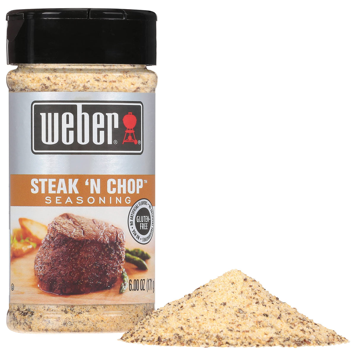 Weber Steak N Chop Seasoning jar closeup highlighting citrus-worcestershire blend
