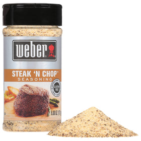 Weber Steak N Chop Seasoning jar closeup highlighting citrus-worcestershire blend
