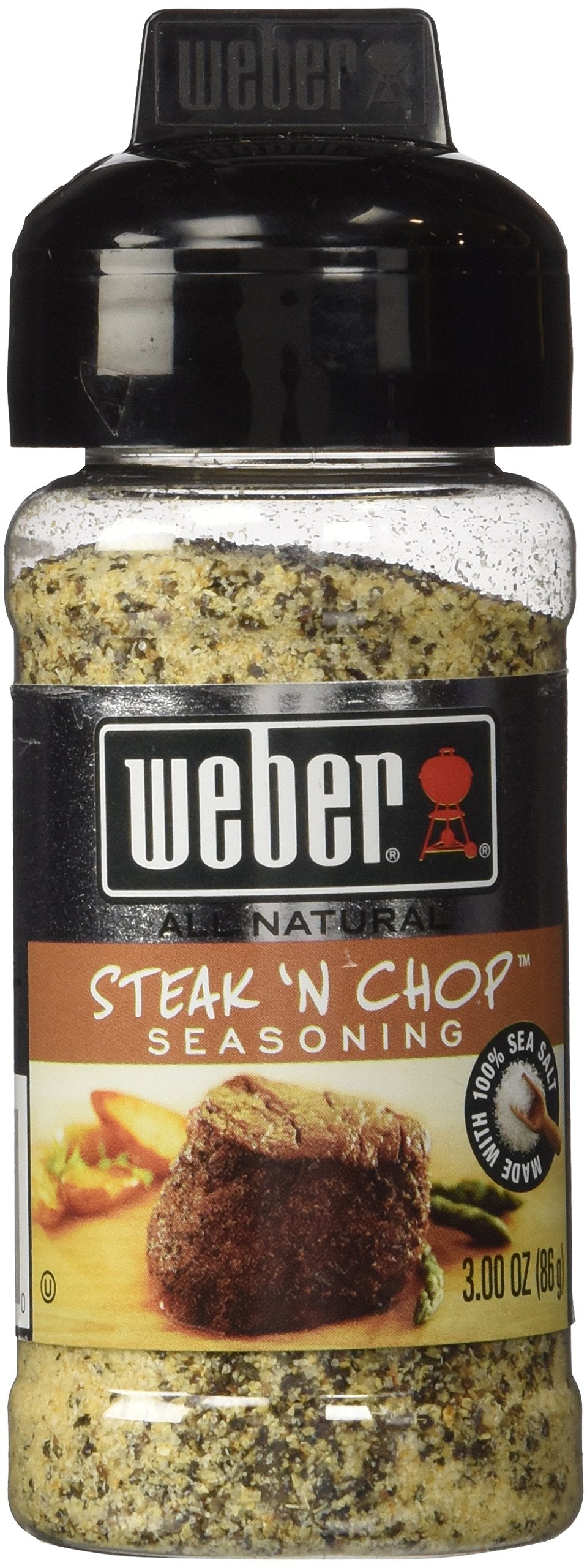 Weber Steak 'N Chop Seasoning pack-2-3oz jar enhances beef flavor for grilled meals.