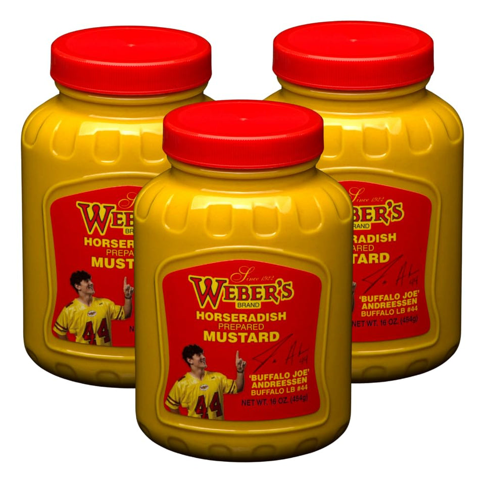 Weber's Horseradish Mustard 3-pack front label highlights Buffalo pride and bold flavor.