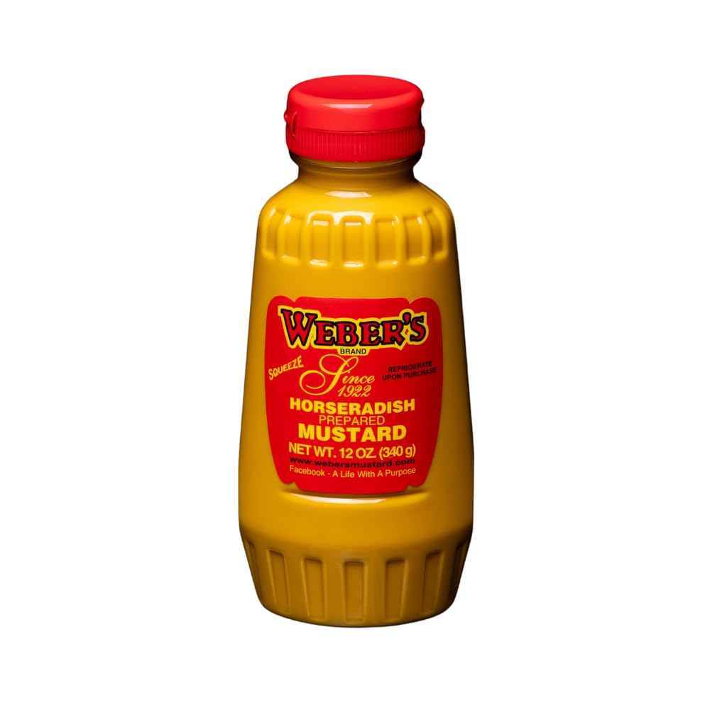 Weber's horseradish mustard label closeup highlighting natural ingredients.