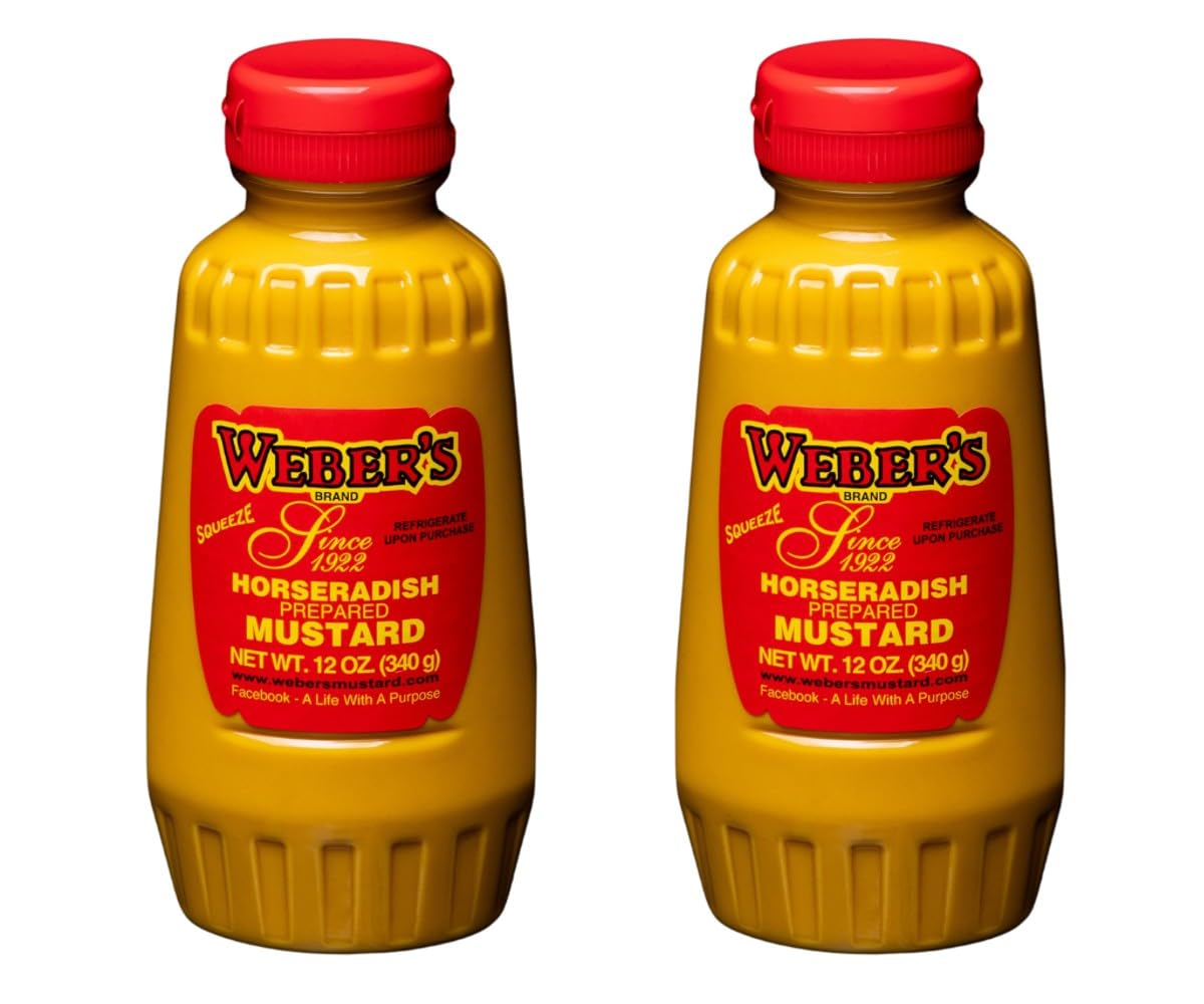Weber's horseradish mustard squeeze bottle, 12oz, ready to elevate burgers and sandwiches.