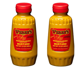 Weber's horseradish mustard squeeze bottle, 12oz, ready to elevate burgers and sandwiches.