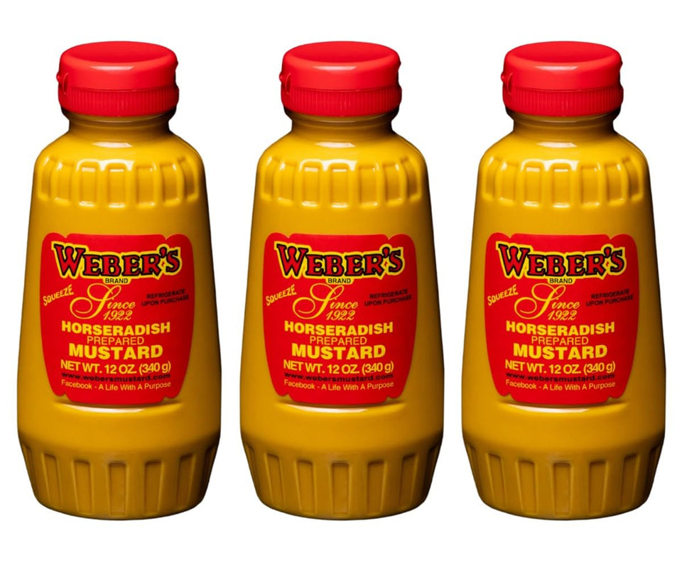 Weber's horseradish mustard squeeze bottle 12oz for easy, mess-free dispensing on meals.