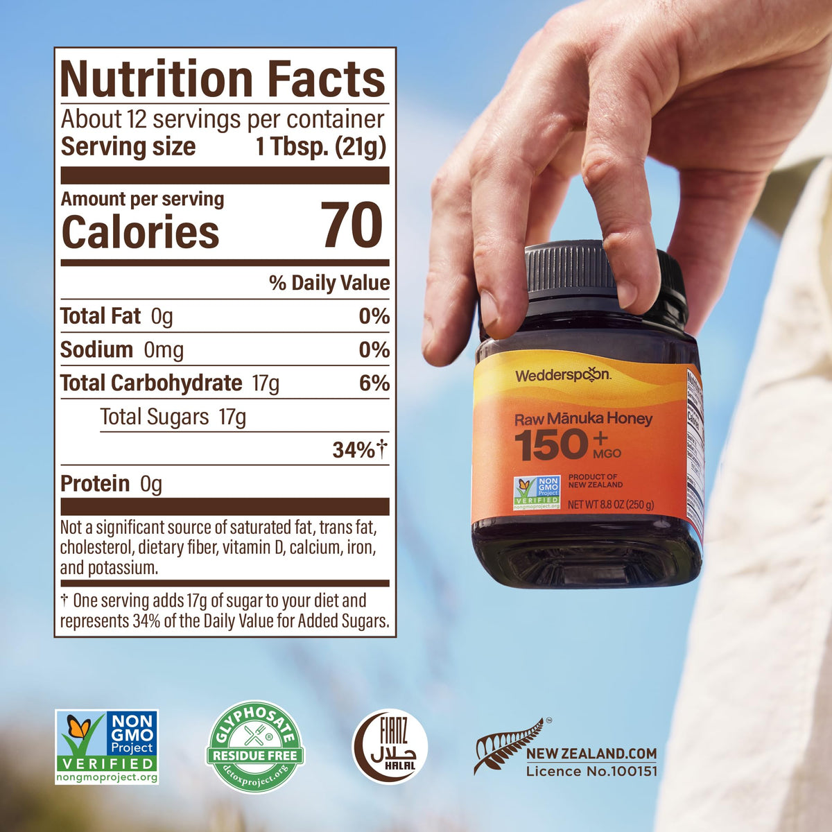 BPA-free jar from Wedderspoon signaling safe storage of raw honey.