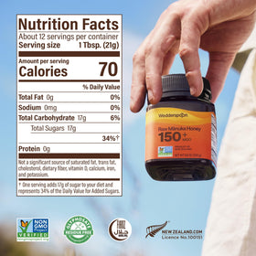 BPA-free jar from Wedderspoon signaling safe storage of raw honey.