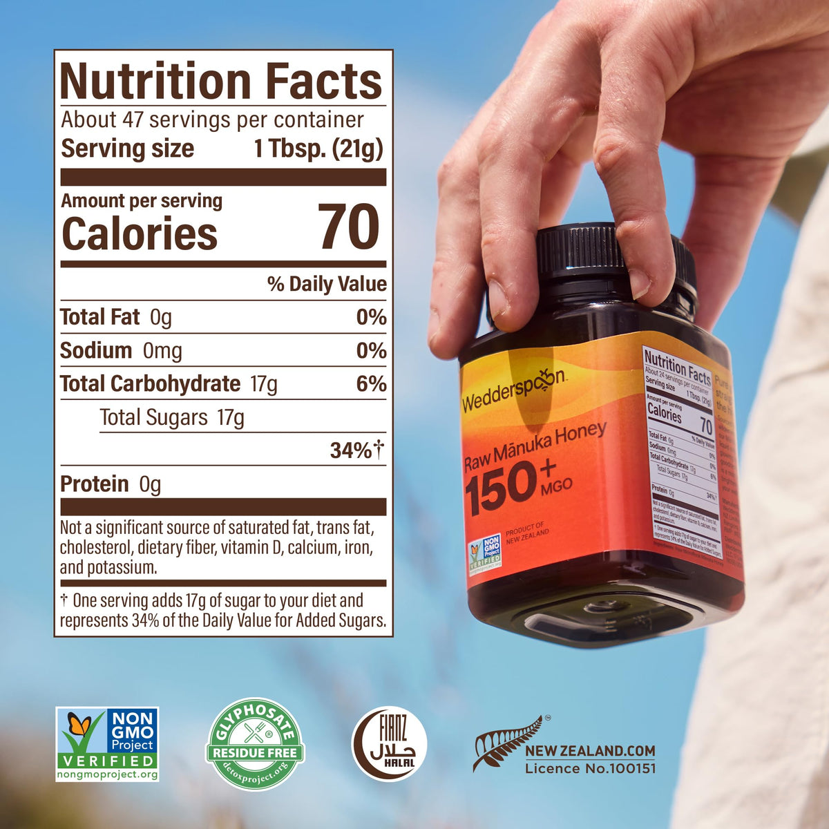 Wedderspoon Manuka Honey 150+ MGO BPA-free jar highlights safe packaging
