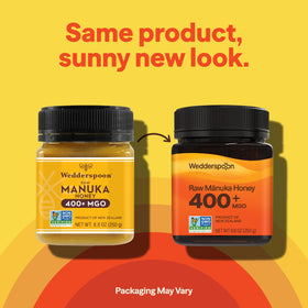 Wedderspoon Manuka Honey 400+ MGO label, batch-tested for quality