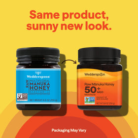 Wedderspoon Manuka honey 50+ MGO label closeup highlighting quality
