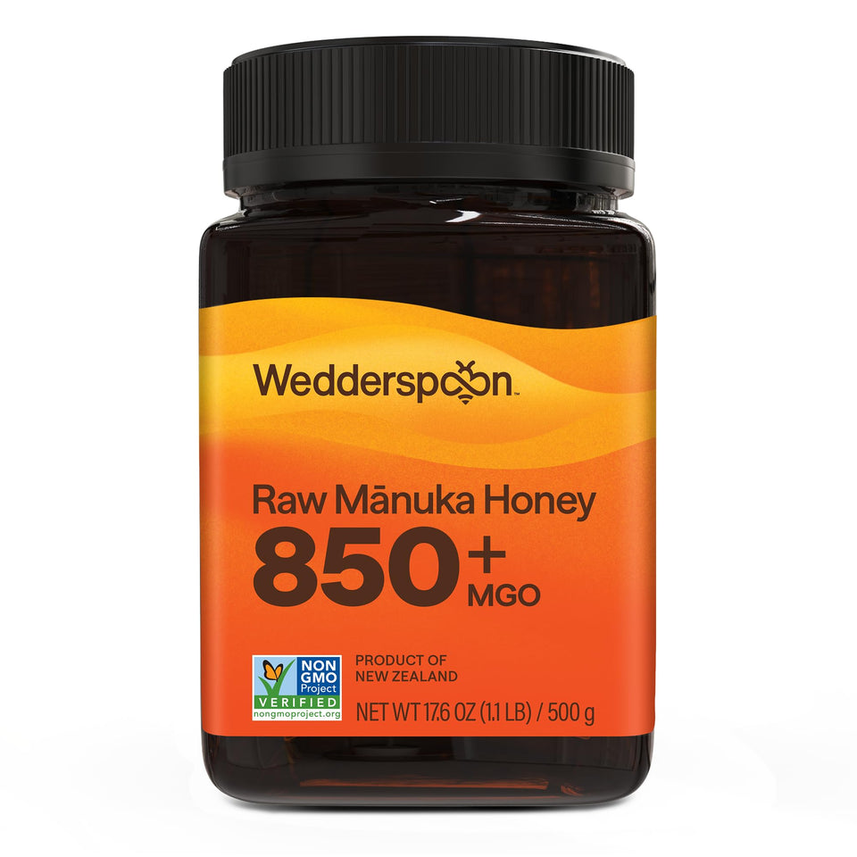 Wedderspoon Manuka honey jar 850+ MGO for rich flavor in tea and toast