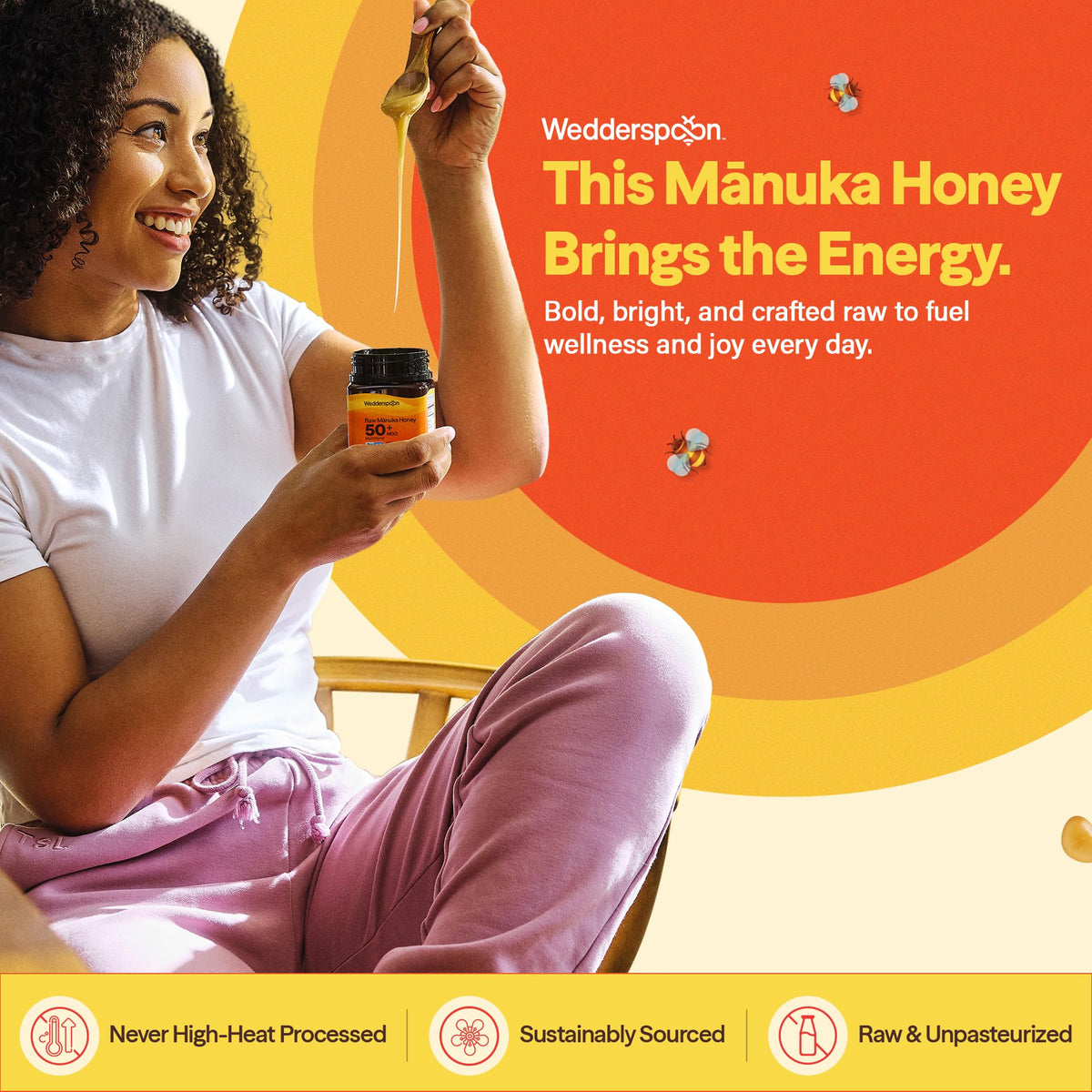 Wedderspoon Manuka honey jar with spoon ready for serving
