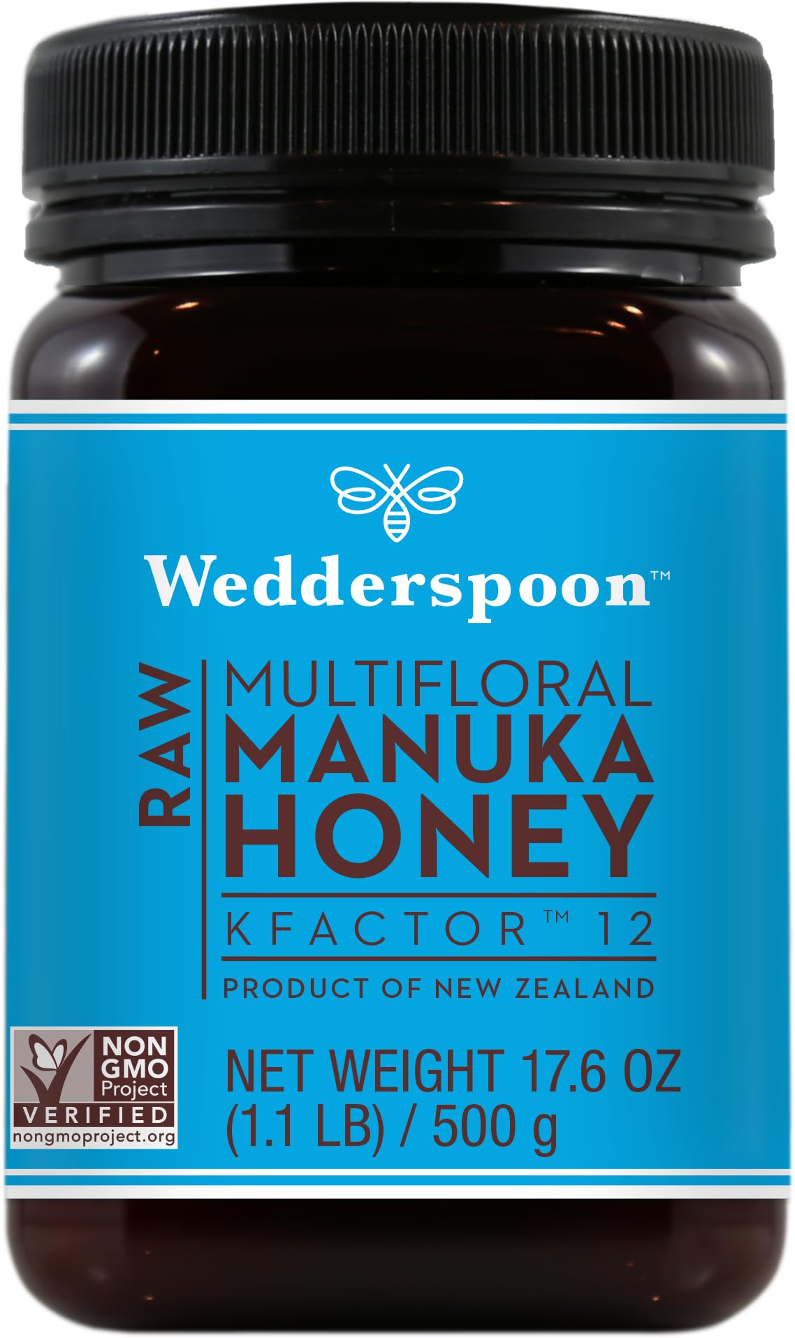 Wedderspoon Manuka honey jar close-up with KFactor 12 flavor for everyday sweetness