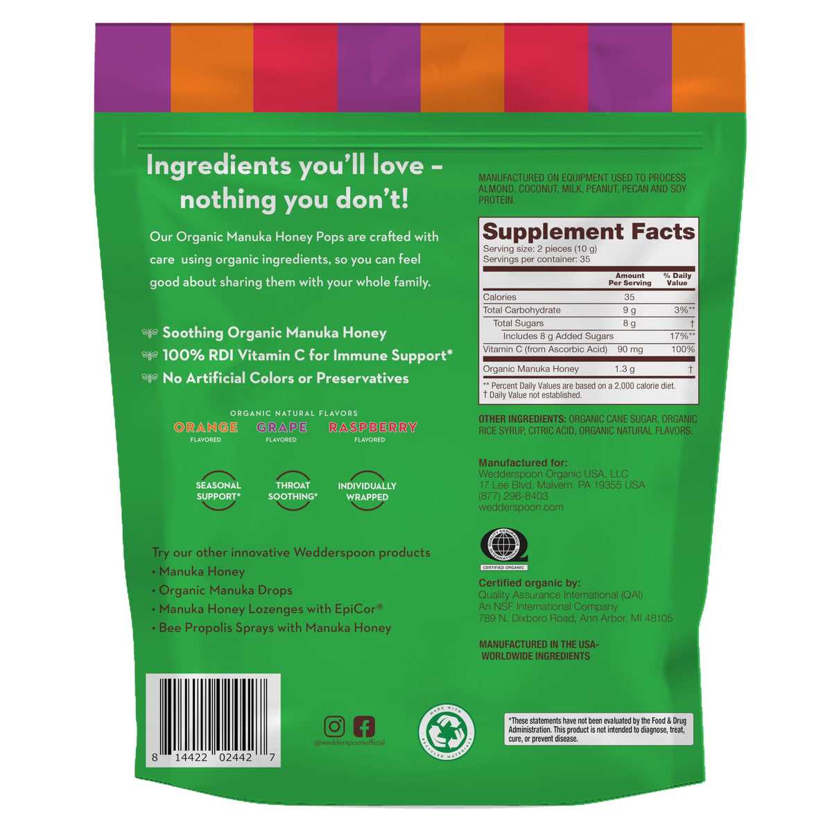 Wedderspoon Manuka Honey Lollipops flavors display, no artificial colors.