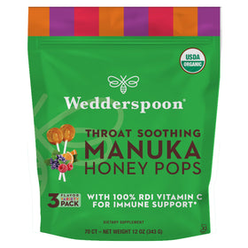Wedderspoon Manuka Honey Lollipops variety pack front view, vitamin C boosted for kids.