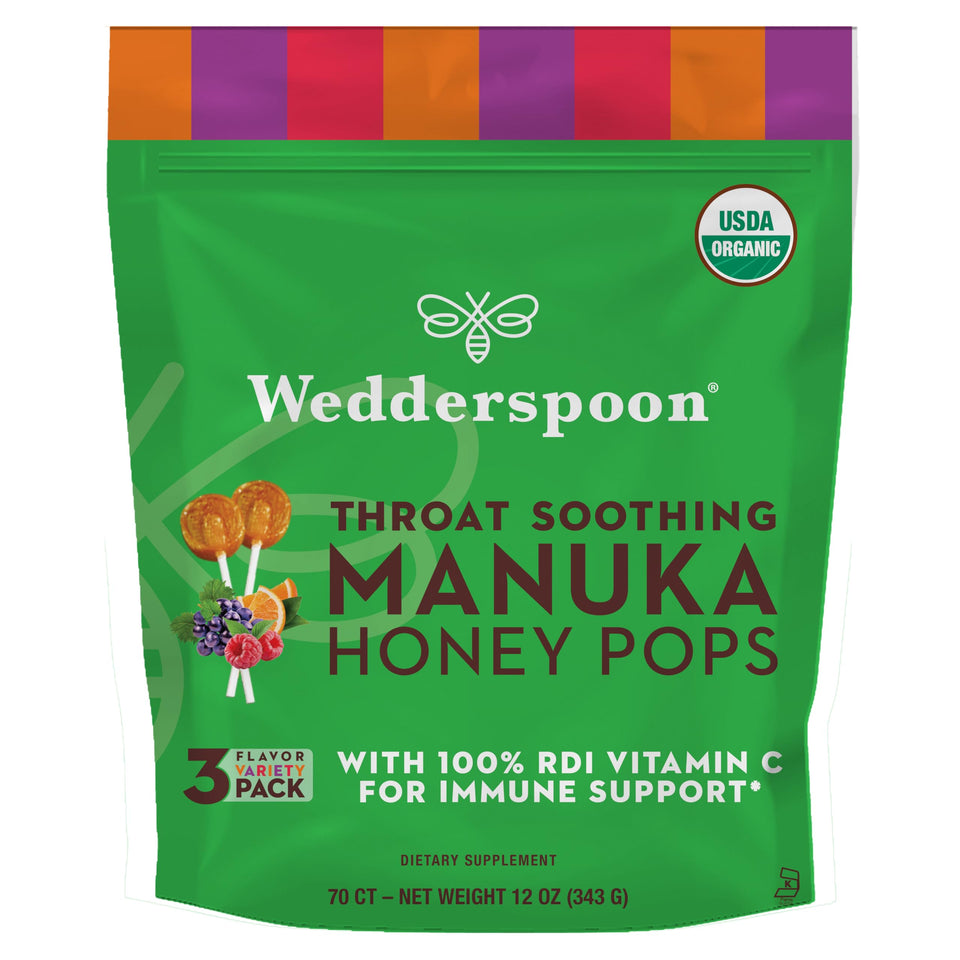 Wedderspoon Manuka Honey Lollipops variety pack front view, vitamin C boosted for kids.