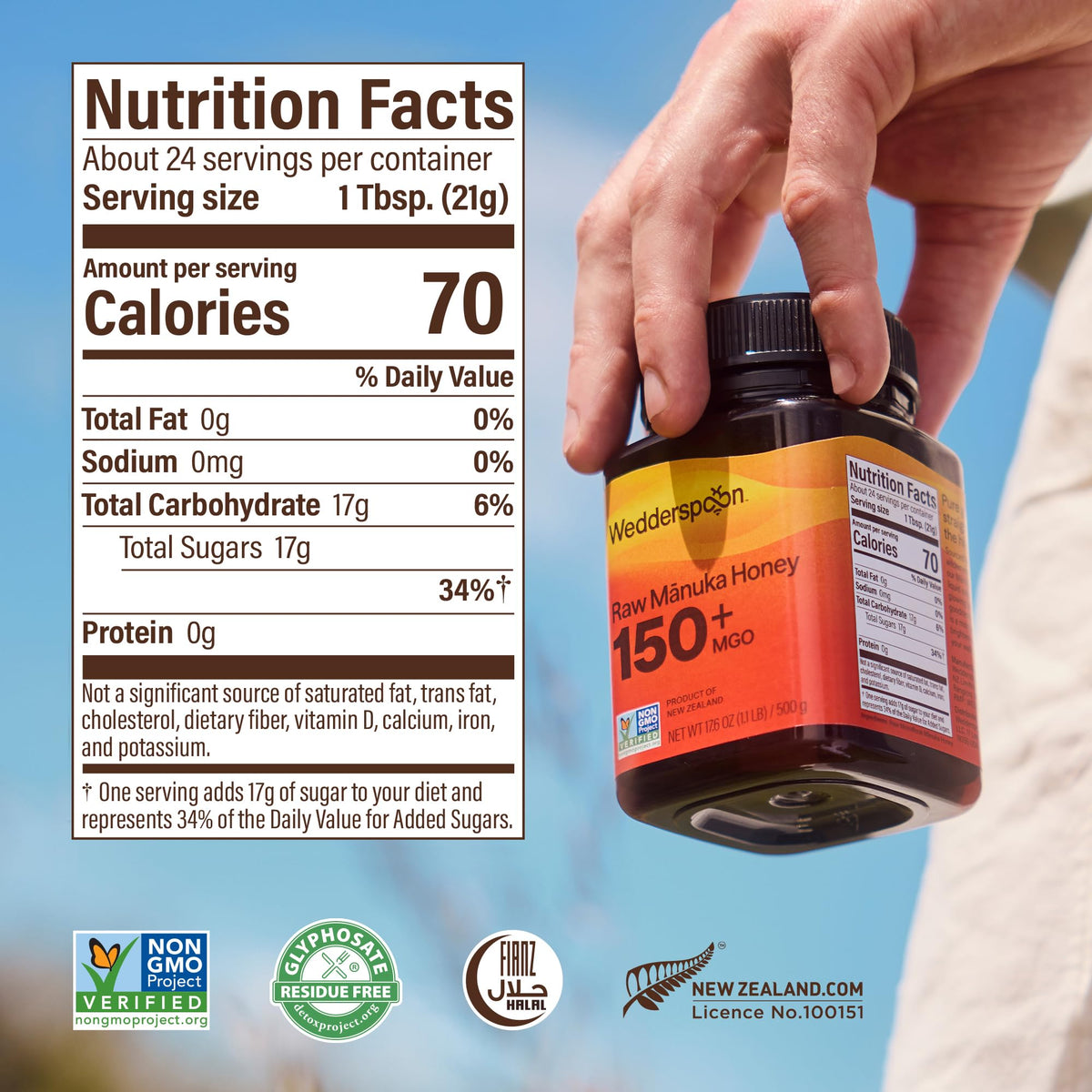 Wedderspoon Manuka honey with non-GMO badge highlights transparent origin
