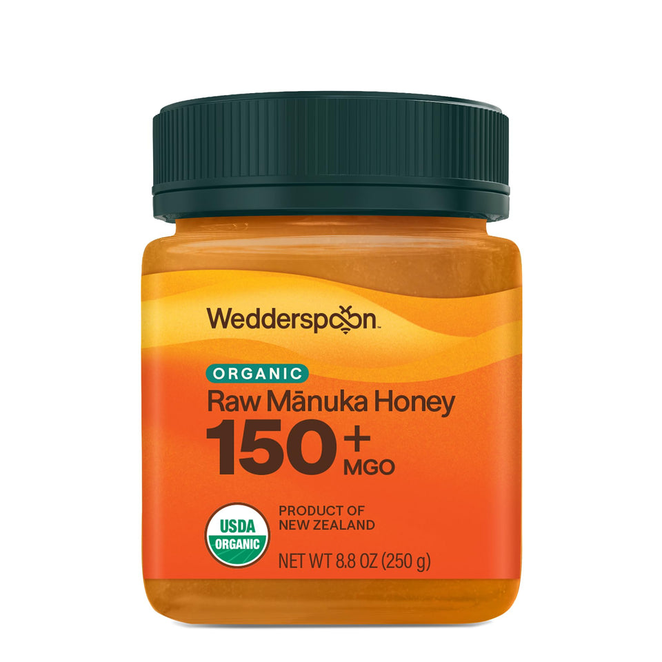 Wedderspoon Organic Raw Manuka Honey 150+ MGO in a jar for premium sweetness.