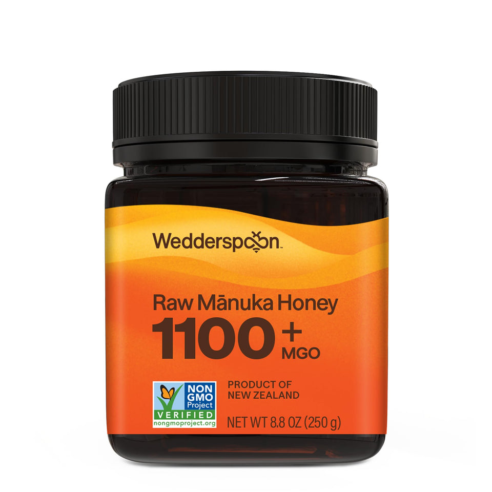 Wedderspoon raw Manuka honey 1100+ MGO jar signaling premium purity.
