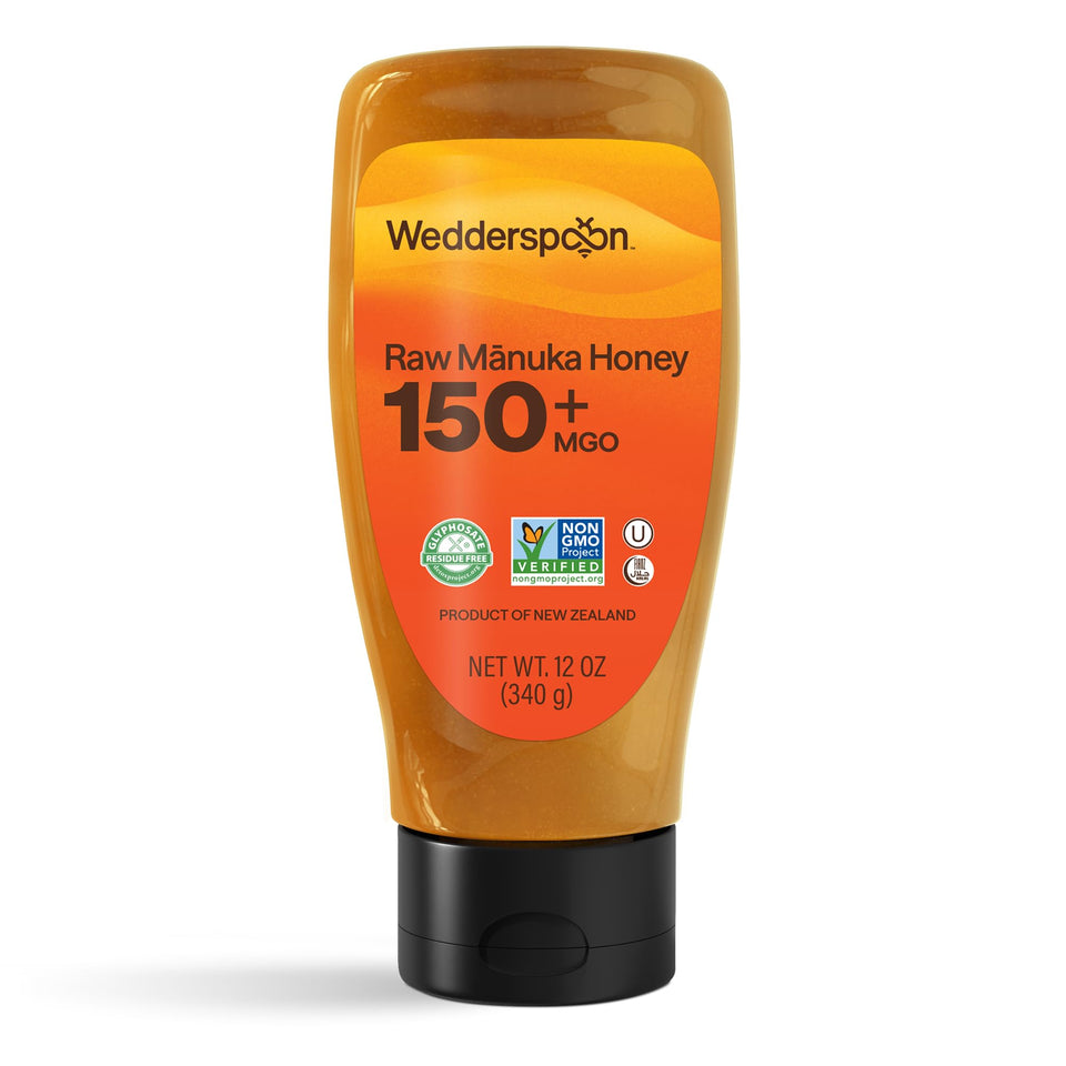 Wedderspoon raw Manuka honey bottle highlighting KFactor 16 and high MGO for bold flavor.