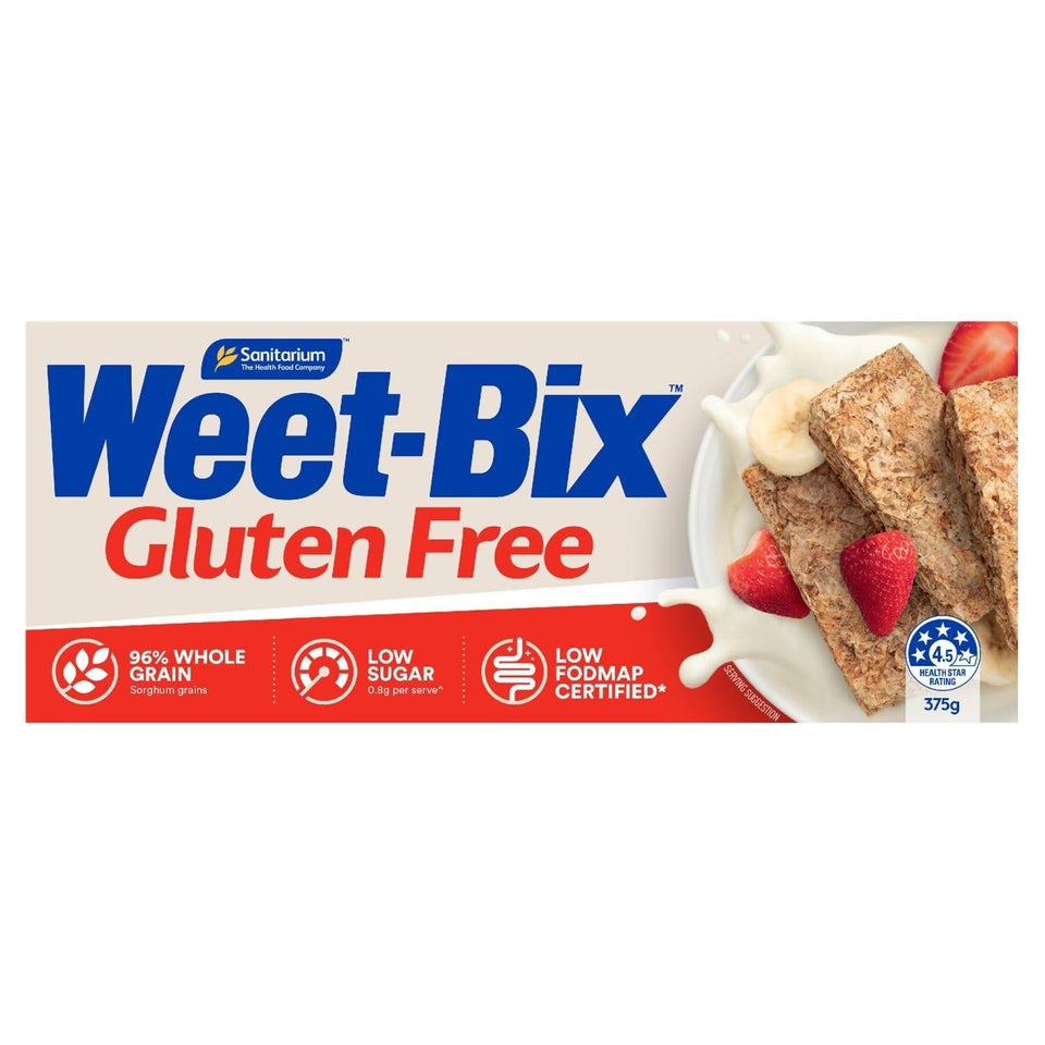 Weet-Bix Gluten Free 375g pack shot highlighting gluten-free cereal with sorghum and low sugar